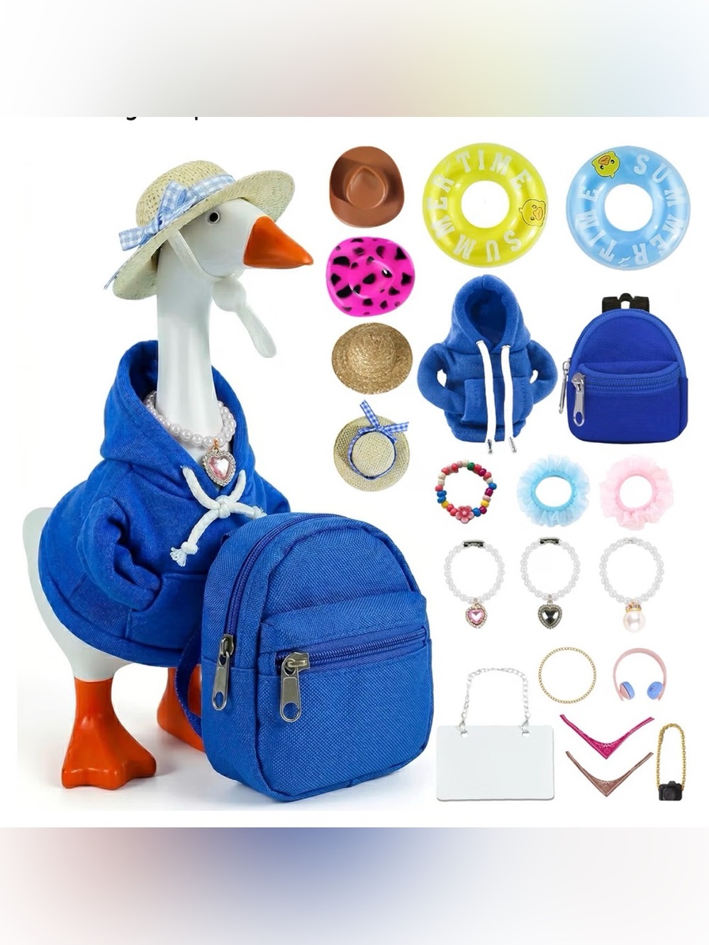Desk Mini Goose Key Holder 7 In with Outfits and Accessories White Jewelry Hats
